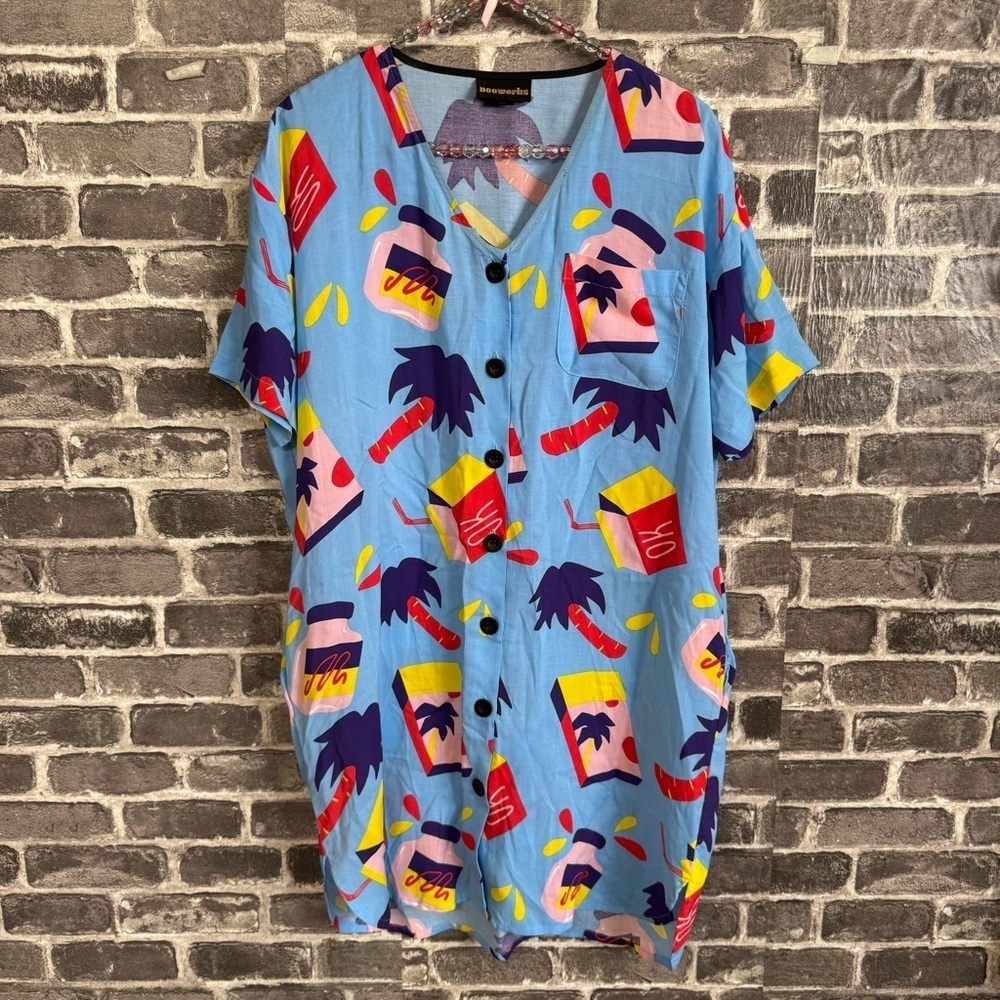 Nooworks Snacks Button Down Tee Dress blue print pockets